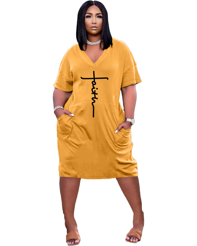 Women Printed V-neck Short Sleeve Side Pocket Plus Size Dresses White Yellow Orange Red Light Blue Black Deep Blue Rosy Coffee Light Pink S-3XL