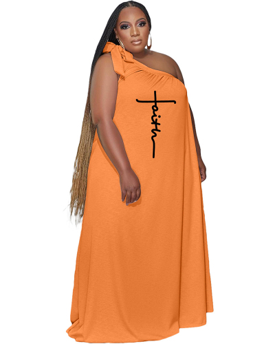 Hot Sale Printed One Shoulder Loose Casual Women Plus Size Dresses Orange White Blue XL-5XL