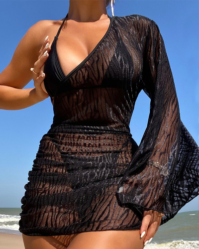 Sexh Mesh One Sleeve Women Beach Dresses Black S-XL