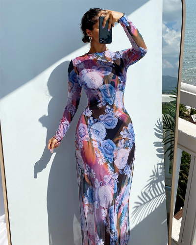 Elegant Long Sleeve Floral Printed High Slit Sexy Beach Dresses S-XL