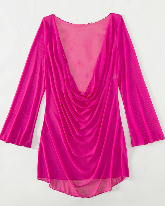 Women Long Sleeve Sexy Deep V-neck Ruched Mini Beach Dresses Rosy Black S-XL