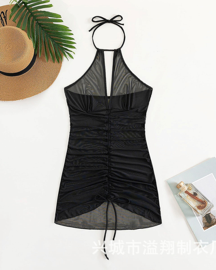 Fashion Drawstring Hollow Out Halter Neck Sleeveless Women Beach Dresses Black S-XL