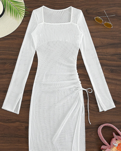 Women Long Sleeve Square Neck Side Drawstring Beach Dresses Cover Ups White S-XL