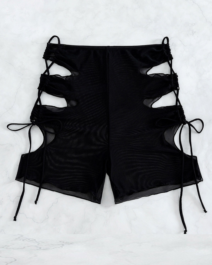 Sexy Women Hollow Out See Through Strappy Side Beach Shorts Black S-XL