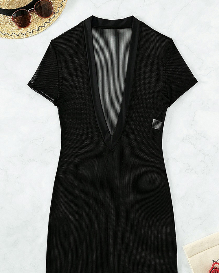 Women Deep V-neck Short Sleeve See Through Mini Beach Dresses Black S-XL