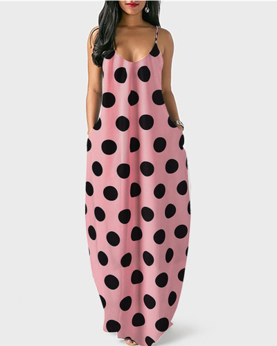 Hot Sale Women Sleeveless Oversize Polka Dot Maxi Dress Plus Size Dresses Pink Sky Blue Black Apricot S-5XL