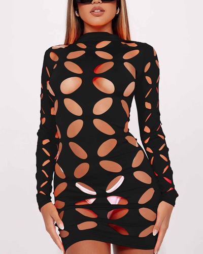 Long Sleeve Hollow Out Women Sexy Party Dress