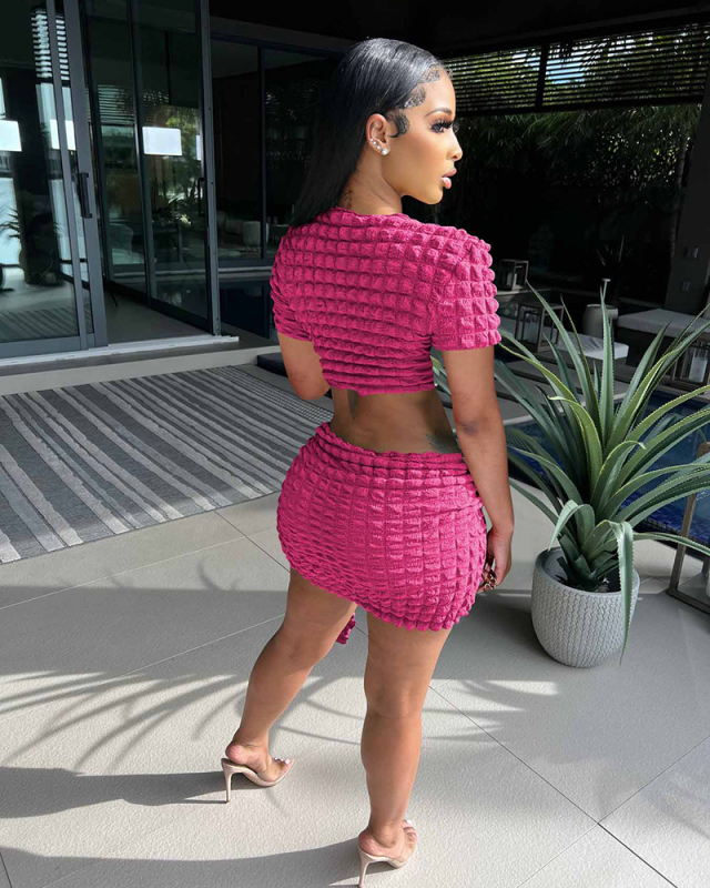 V-neck Short Sleeve Women Two Piece Skirt Set S-XL