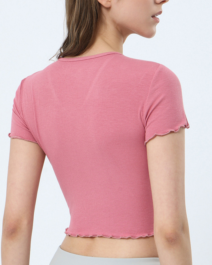 Women Cotton Popular Short Sleeve V Neck Ruched Sports Yoga Tops T-shirt S-XL