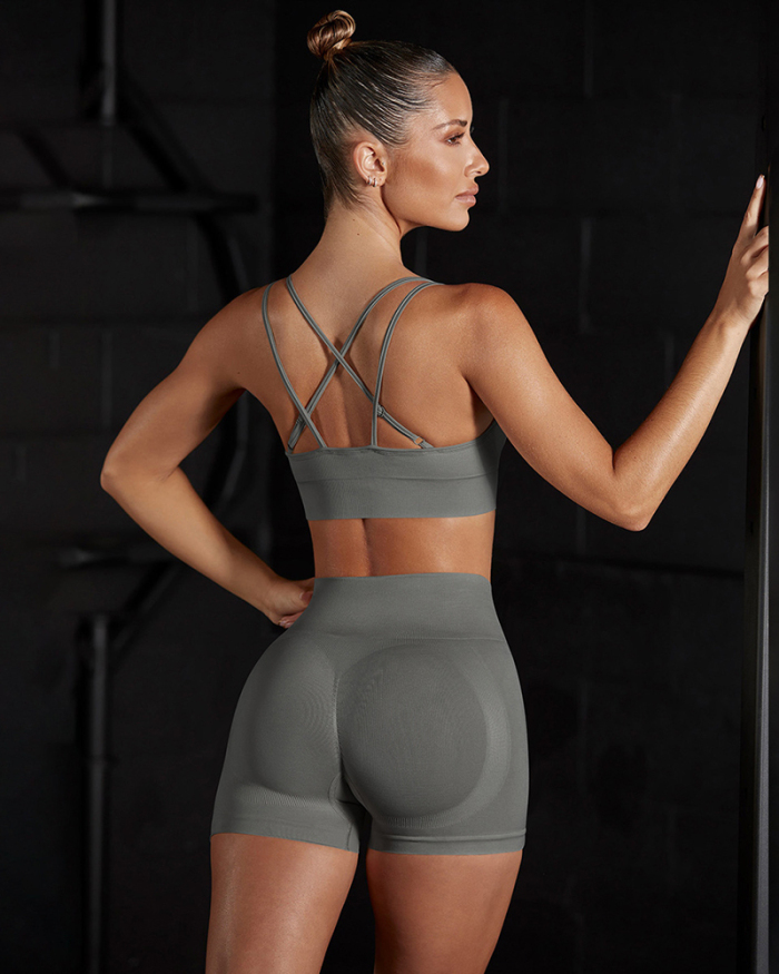 Women Solid Color Criss Back Bra Hips Lift Yoga Two-piece Shorts Sets S-L