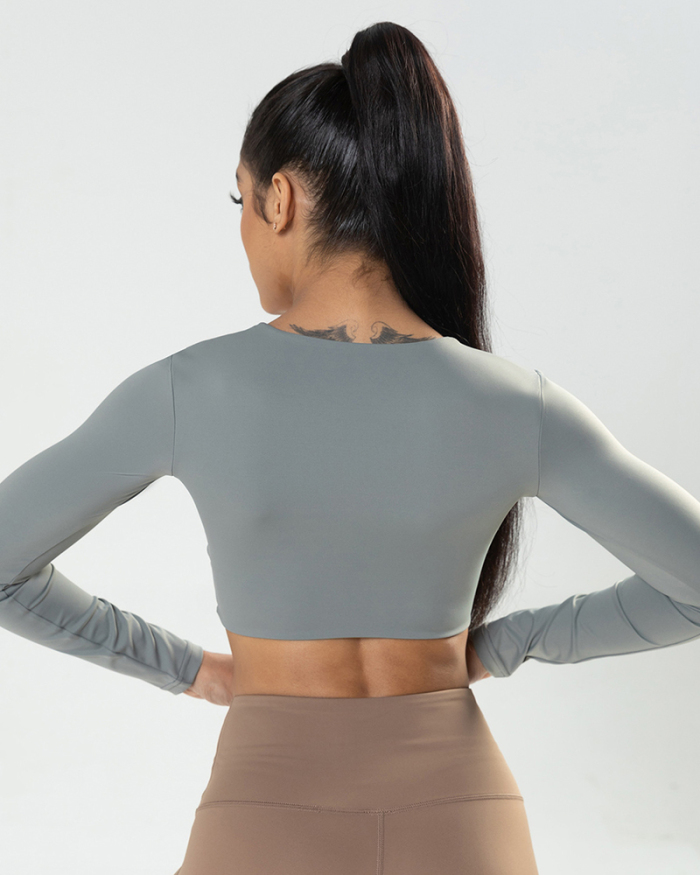 New Short Long Sleeve Deep V-Neck Women Yoga Top Beige Gray Blue Brown Black S-XL