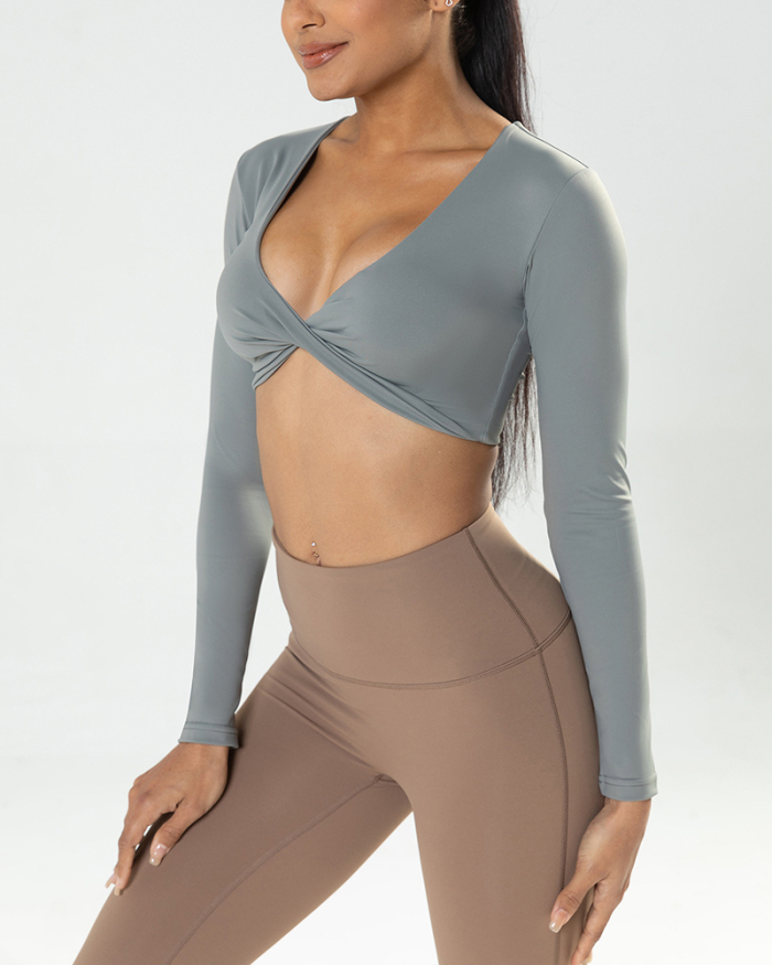 New Short Long Sleeve Deep V-Neck Women Yoga Top Beige Gray Blue Brown Black S-XL