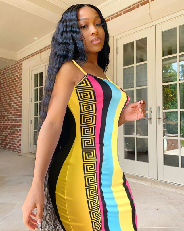Yellow Printed Sleeveless Women One Piece Dress S-XXL