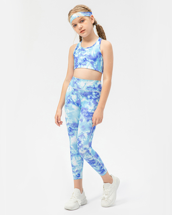Kids Girls Tie-dye Sleeveless Sports Bra Slim Fitness Leggings Sets Two Piece Yoga Sets 120-150