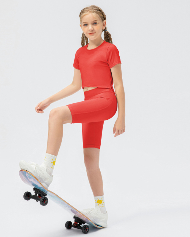 Girls Comfortable Short Sleeve Sports T-short Midi Shorts Sets Yoga Two-Piece Sets Black White Red Pink 120-150
