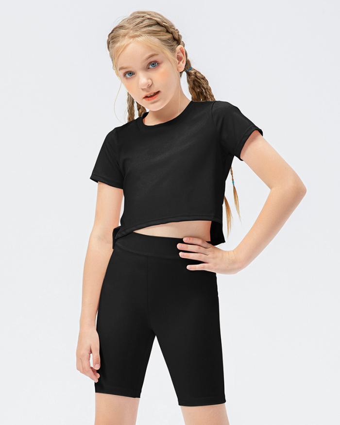 Girls Comfortable Short Sleeve Sports T-short Midi Shorts Sets Yoga Two-Piece Sets Black White Red Pink 120-150