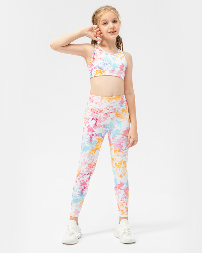 Kids Girls Tie-dye Sleeveless Sports Bra Slim Fitness Leggings Sets Two Piece Yoga Sets 120-150