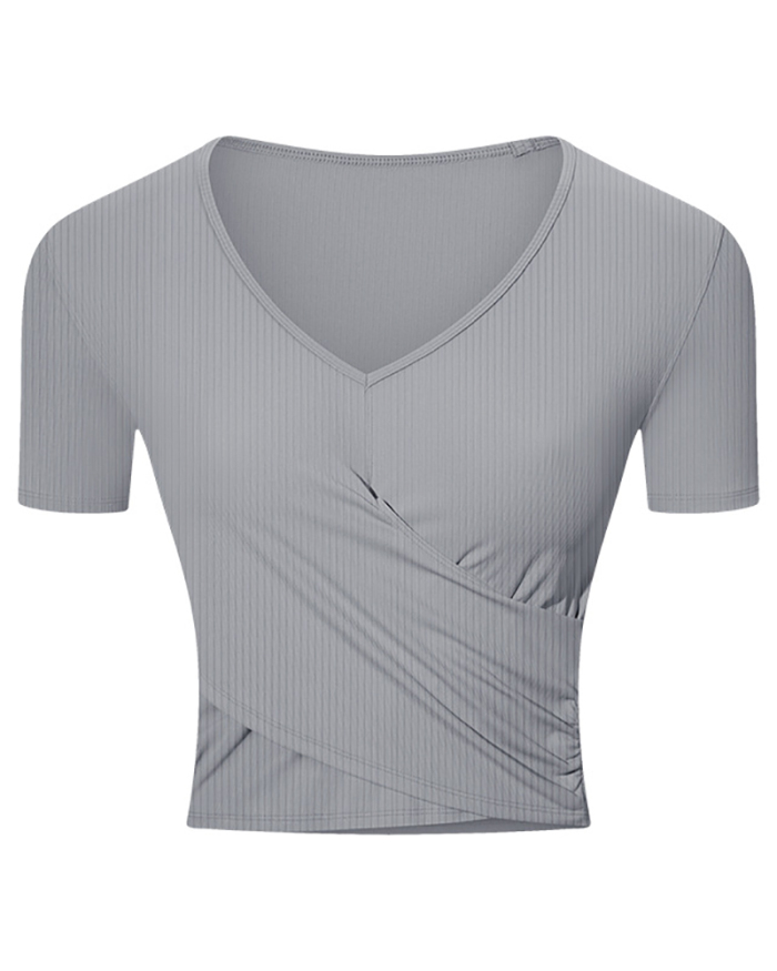 Women Solid Color V Neck Short Sleeve Mini Crop Sports Yoga Tops Black Brown Gray Green Ivory 4-12