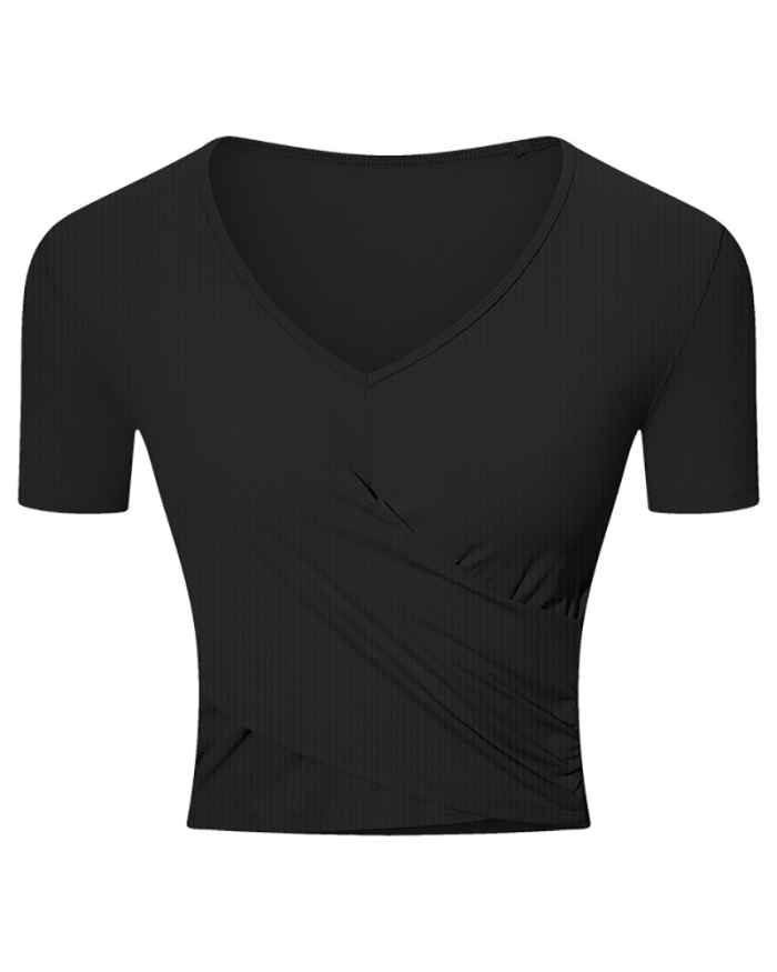 Women Solid Color V Neck Short Sleeve Mini Crop Sports Yoga Tops Black Brown Gray Green Ivory 4-12