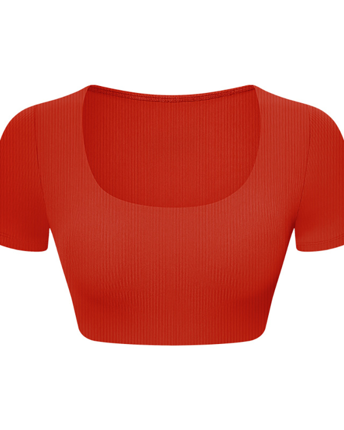 Women U Neck Mini Short Sleeve Solid Color Yoga Tops Crop Top Black Brown Gray Red Ivory 4-12