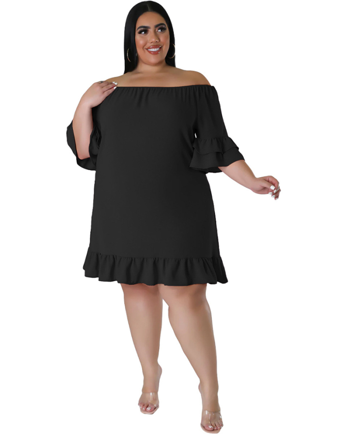 Women Short Sleeve Off Shoulder Ruffles Solid Color Mini Dress Plus Size Dresses Rosy Orange Black XL-5XL