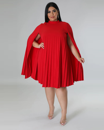 Popular Retro Women Loose Ruched Midi Plus Size Dresses Red White Black XL-5XL