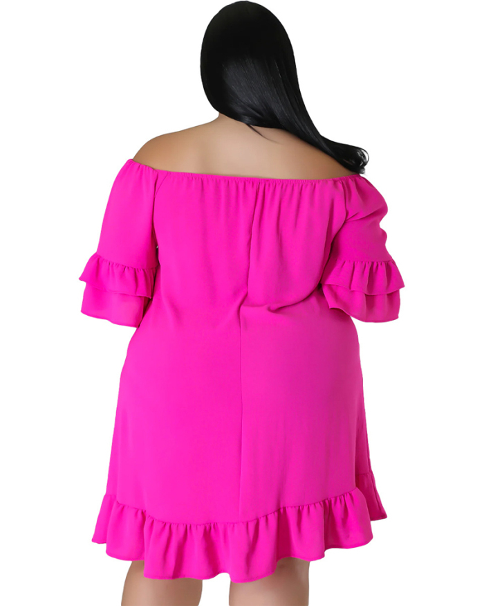 Women Short Sleeve Off Shoulder Ruffles Solid Color Mini Dress Plus Size Dresses Rosy Orange Black XL-5XL