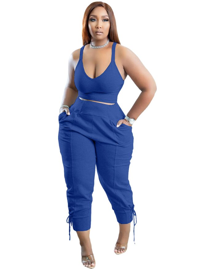 Women Sleeveless Solid Color Pocket Side Strappy Plus Size Two Piece Sets Pants Sets Pink Orange Red Gray Black Blue Green Khaki S-3XL