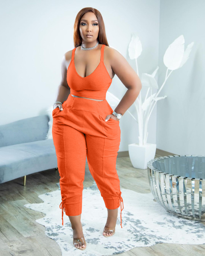 Women Sleeveless Solid Color Pocket Side Strappy Plus Size Two Piece Sets Pants Sets Pink Orange Red Gray Black Blue Green Khaki S-3XL