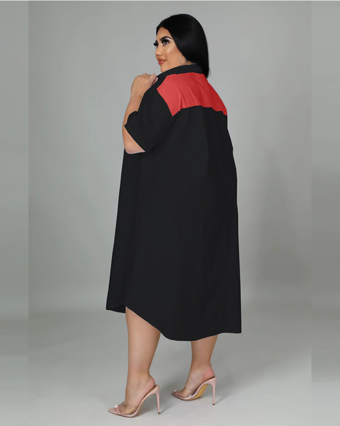Women Lapel Short Sleeve Colorblock Loose Plus Size Dresses Blue Pink White Black Khaki XL-5XL