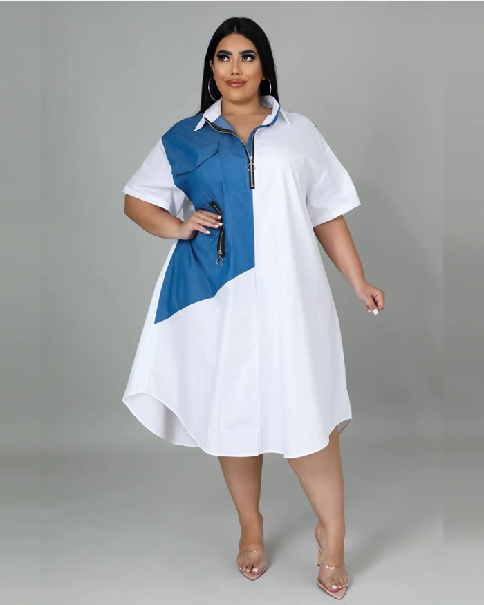 Women Lapel Short Sleeve Colorblock Loose Plus Size Dresses Blue Pink White Black Khaki XL-5XL