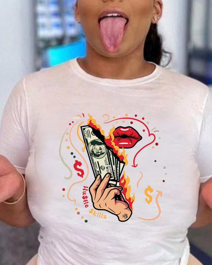 OEM Fashion Lips Money Printing Short Sleeve Women Casual T-shirt S-5XL