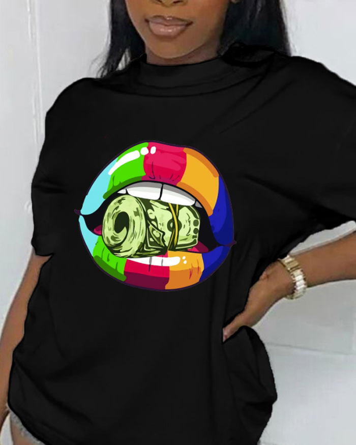 OEM Fashion Lips Money Printing Short Sleeve Women Casual T-shirt S-5XL