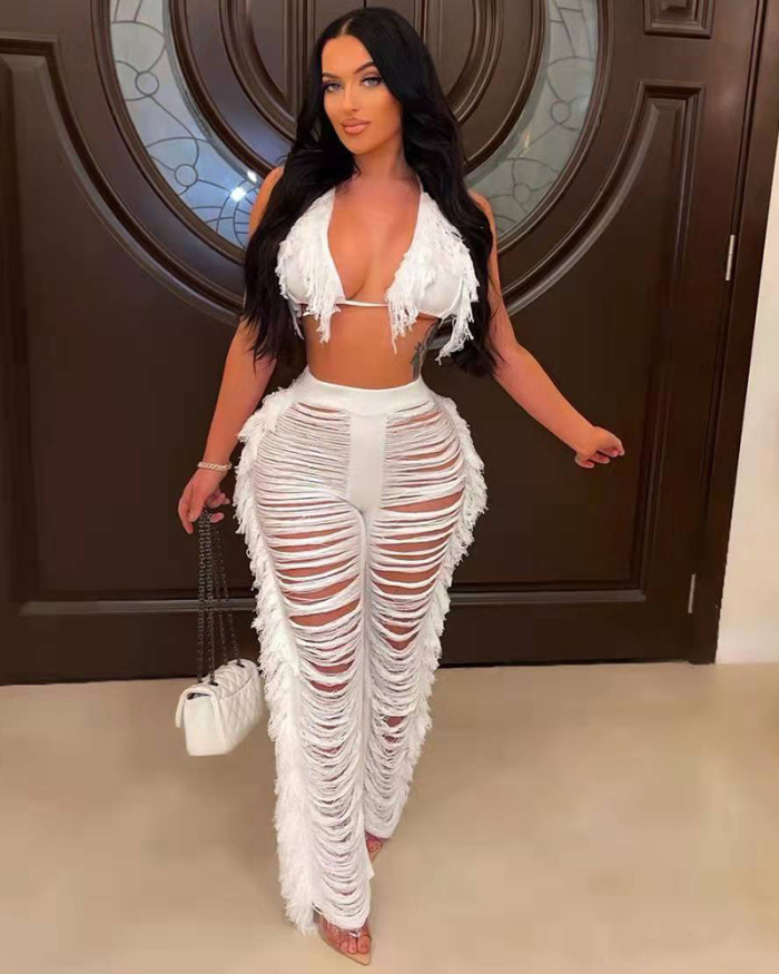 Women V Neck Tassel Bikini Top High Waist Hollow Out Pants Sets Two Pieces Outfit White Yellow Orange Black Rosy Army Green S-2XL