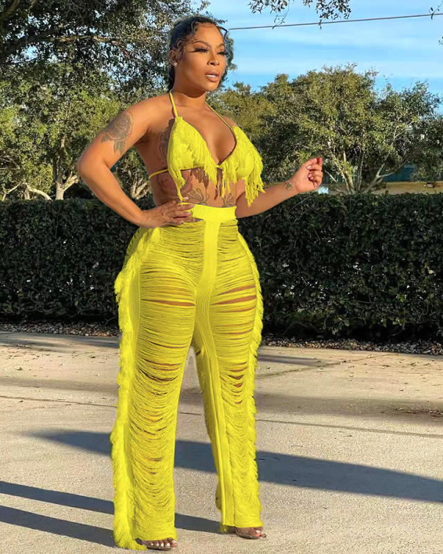 Women V Neck Tassel Bikini Top High Waist Hollow Out Pants Sets Two Pieces Outfit White Yellow Orange Black Rosy Army Green S-2XL