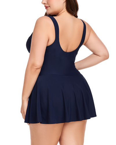 Women Solid Color Slim V-neck Plus Size Swimwear Black Florals Deep Blue L-4XL
