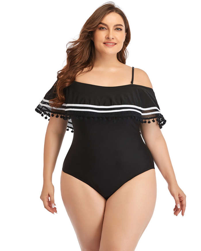 Women Off Shoulder Sexy One Piece Plus Size Swimwear Black L-4XL
