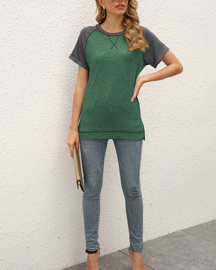 Women Short Sleeve Solid Colorblock Casual T-shirt S-2XL