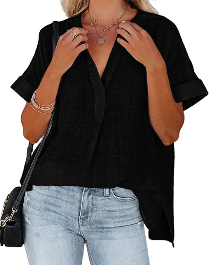 Women V Neck Comfortable Loose Stripe Plaid Short Sleeve Blouses S-2XL