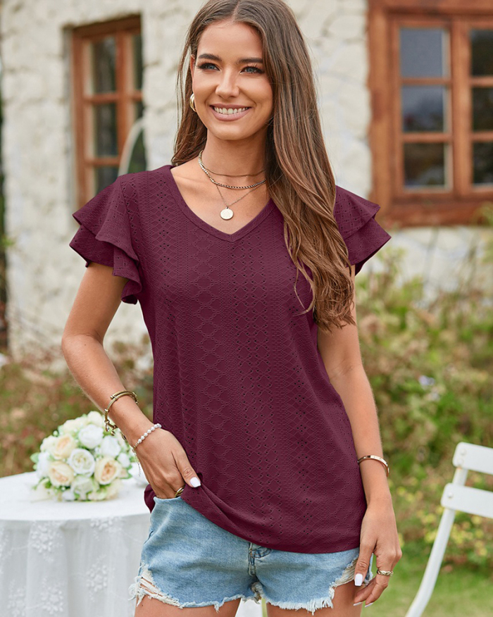 Women V-neck Hollow Out Solid Color Double Ruffle Knit Top S-2XL