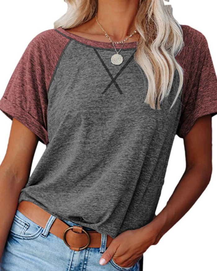 Women Short Sleeve Solid Colorblock Casual T-shirt S-2XL