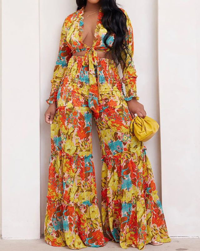 Long Sleeve Floral Printed Two Piece Pant Set