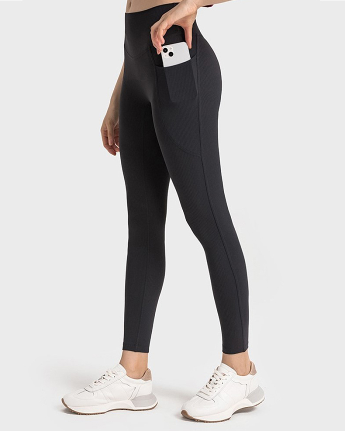 Women Side Pocket Lift Hips High-elastic Yoga Bottoms Running Pants 4-12