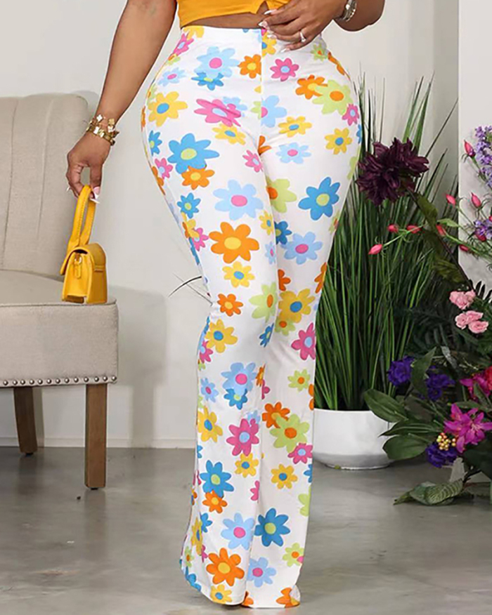 Popular Fashion Florals Printed Wide Leg Pants White Deep Blue Blue Lattice Yellow Lattice S-2XL