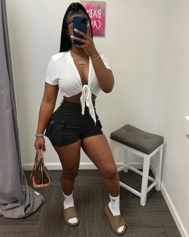 Summer Big Pocket High Waist Solid Color Women Shorts Khaki Black Pink Army Green XS-XL