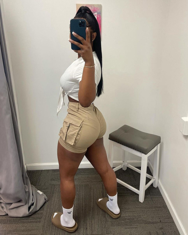 Summer Big Pocket High Waist Solid Color Women Shorts Khaki Black Pink Army Green XS-XL