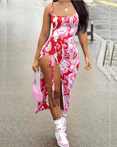 Summer Popular Women Sling Slit Slim Drawstring Sleeveless Printed Midi Dresses S-3XL
