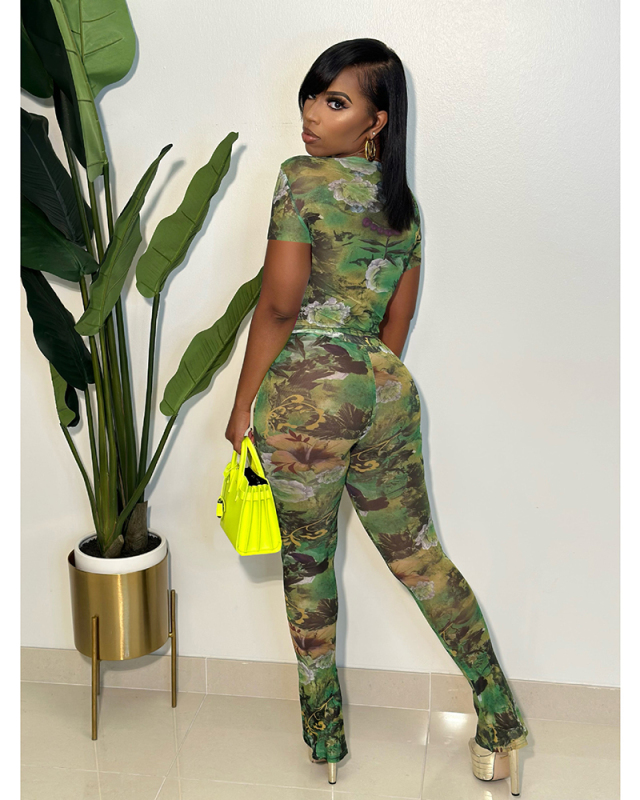 Printed Skinny Women Summer Two Piece Outfits Pant Set