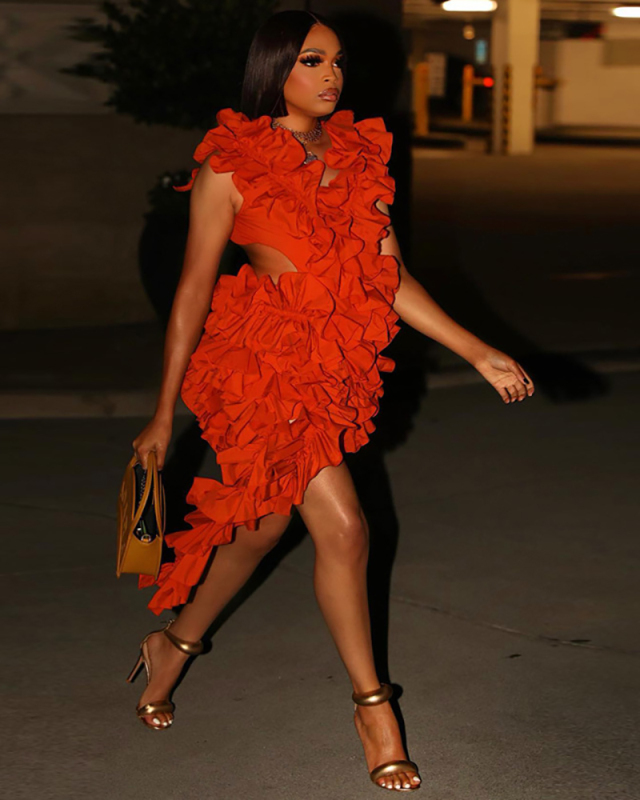 Women Sleeveless Ruched Irregular Sexy Club Dress One-piece Dress Orange Red Black White Yellow S-2XL