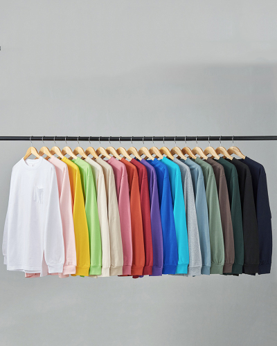 260g Heavy Fabric Pocket Pure Cotton Long Sleeves Threaded Cuffs Two Stitches Solid Color Bottoming Shirt Tops